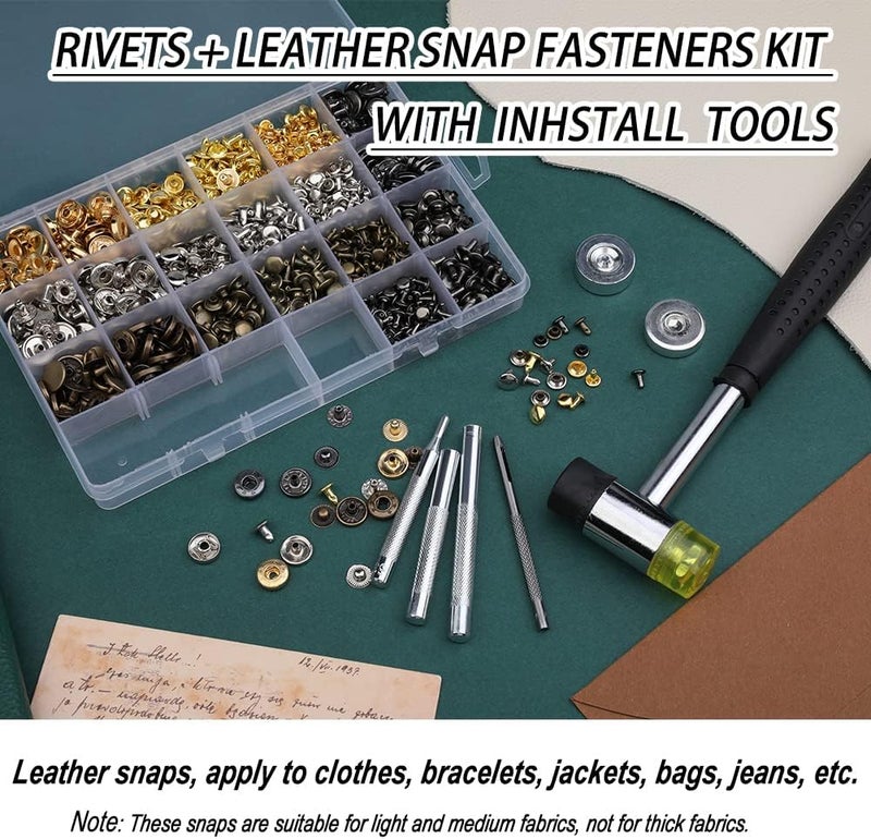 Yizzvb 320 Pcs Leather Rivets Kit, 60 Pcs Leather Snap Fasteners, 2 Size Double Cap Rivets Tubular, Double-Sided Nylon Hammer Fixing Tool Kit, Installation Tools for DIY Projects, Shoes and Repair - Image 3